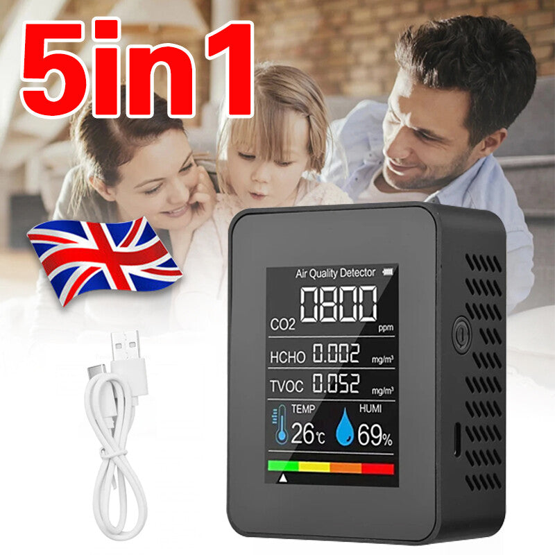 5 In1 Portable CO2 Meter Air Quality Monitor TVOC HCHO Carbon Dioxide Detector