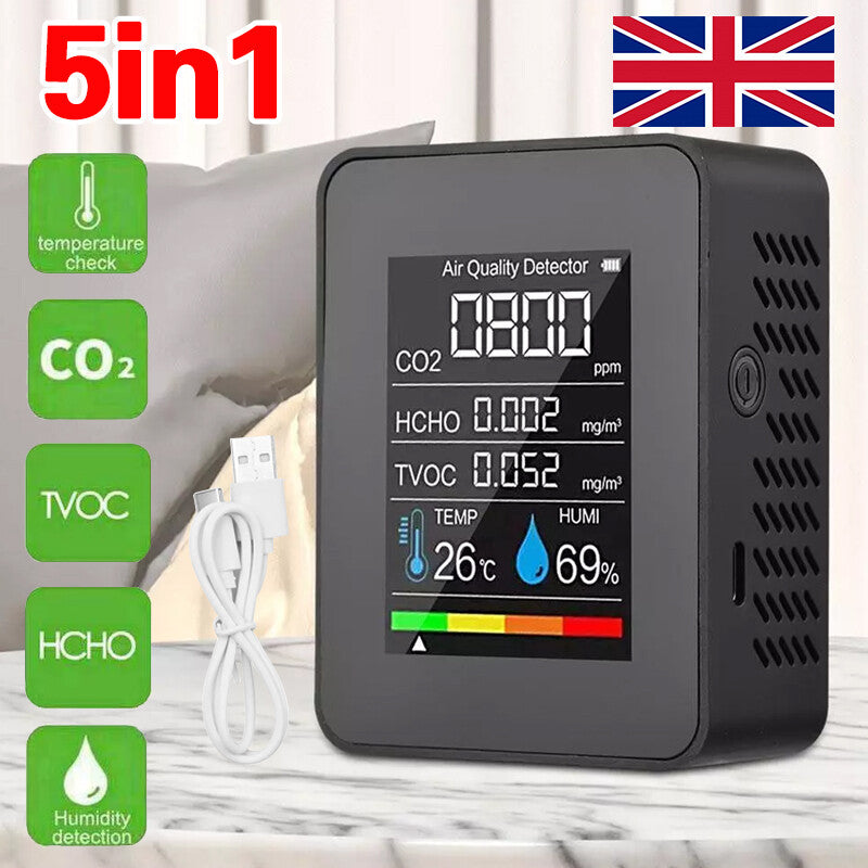 5 In1 Portable CO2 Meter Air Quality Monitor TVOC HCHO Carbon Dioxide Detector