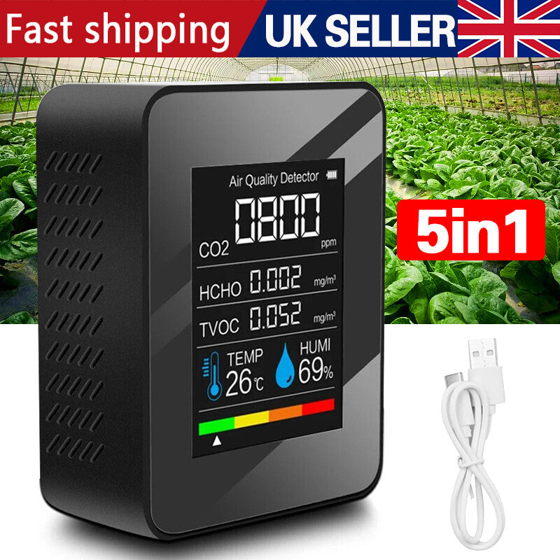 5 In1 Portable CO2 Meter Air Quality Monitor TVOC HCHO Carbon Dioxide Detector